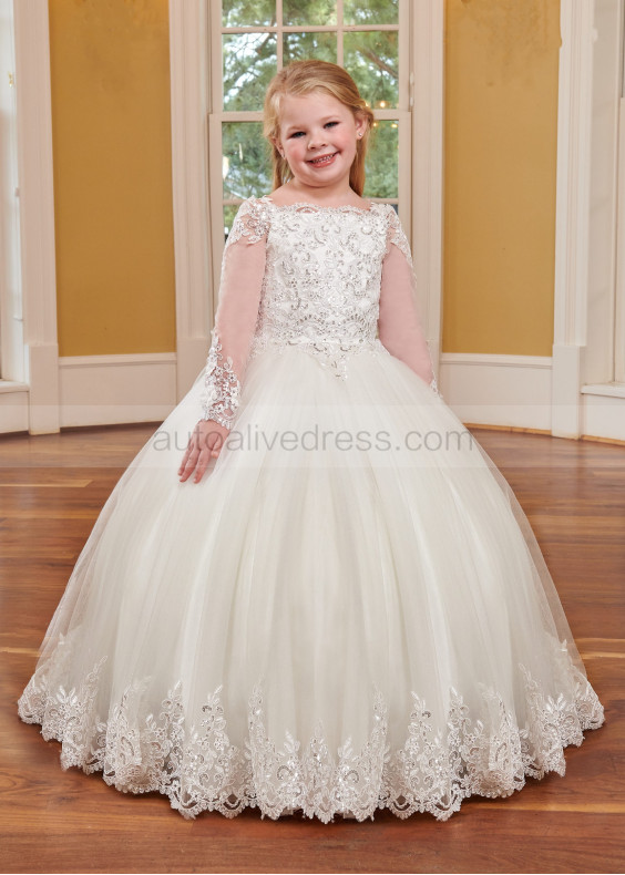 Long Sleeves Beaded Ivory Lace Tulle Corset Back Flower Girl Dress